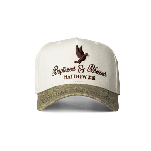 Baptized & Blessed Christian vintage hat Matthew 3:16 – front view with dove embroidery