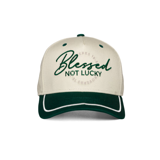 Blessed Not Lucky Christian vintage hat beige green Proverbs 16:33 – front view