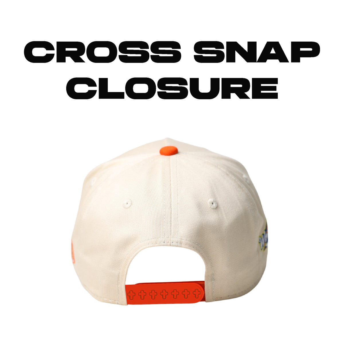 World Savior Christian baseball hat beige orange – back view with cross-pin snapback closure