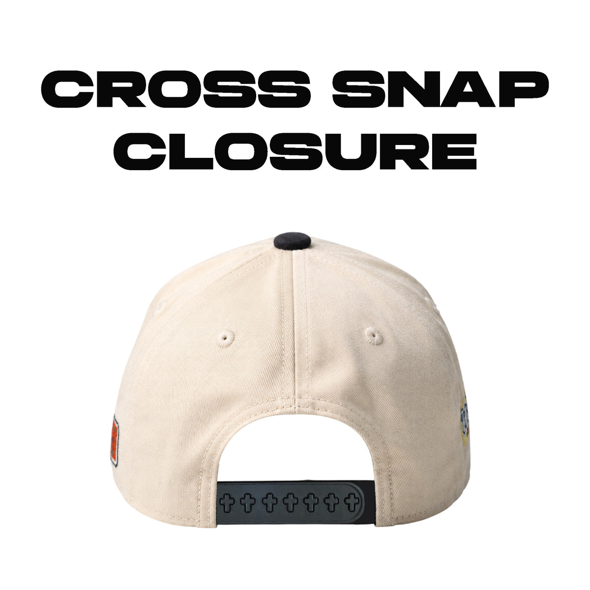 World Savior Christian baseball hat beige yellow – back view with cross-pin snapback closure