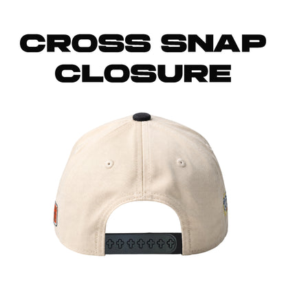World Savior Christian baseball hat beige yellow – back view with cross-pin snapback closure