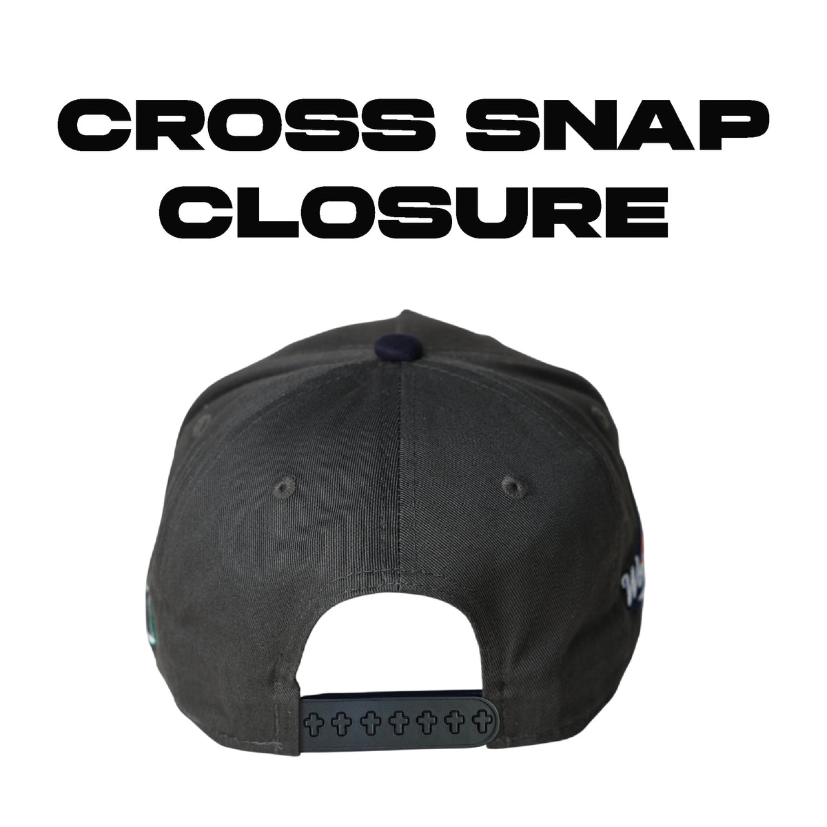 World Savior Christian baseball hat grey orange – back view with cross-pin snapback closure