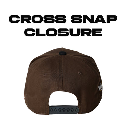 World Savior Christian baseball hat brown yellow – back view with cross-pin snapback closure