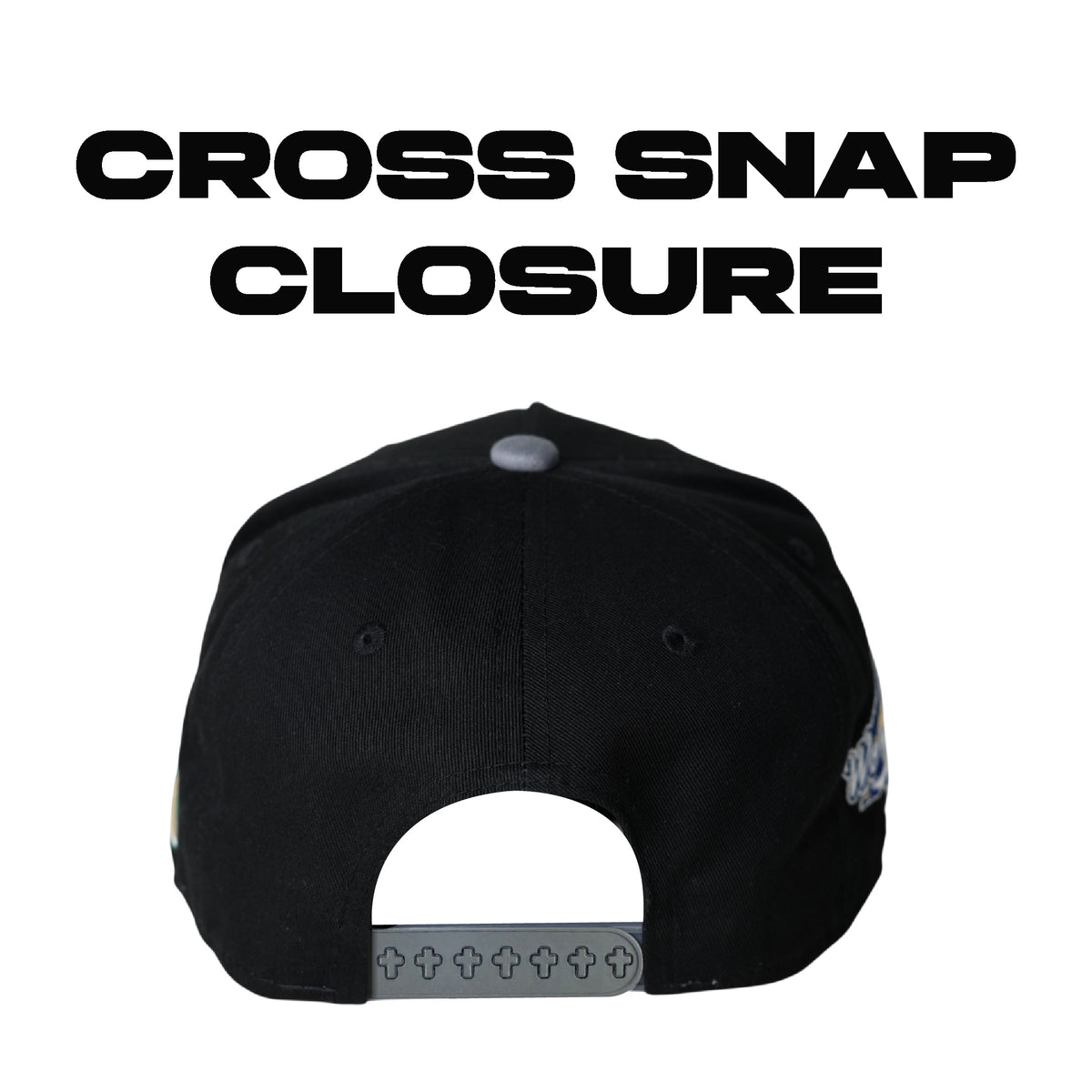World Savior Christian baseball hat black white – back view with cross-pin snapback closure