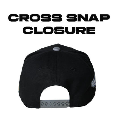 World Savior Christian baseball hat black white – back view with cross-pin snapback closure