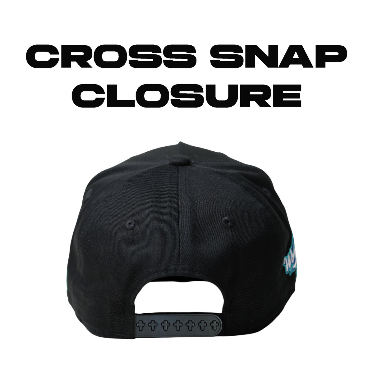 World Savior Christian baseball hat vice blue – back view with cross-pin snapback closure