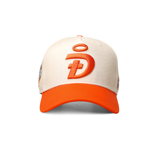 World Savior Christian baseball hat beige orange – front view with DIOSGOD logo