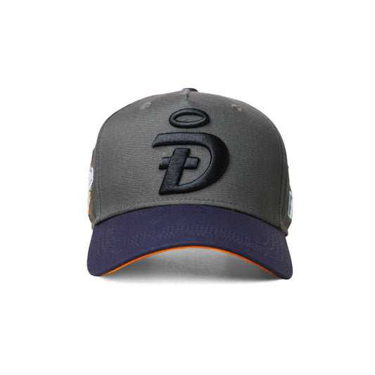 World Savior Christian baseball hat grey orange – front view with DIOSGOD logo