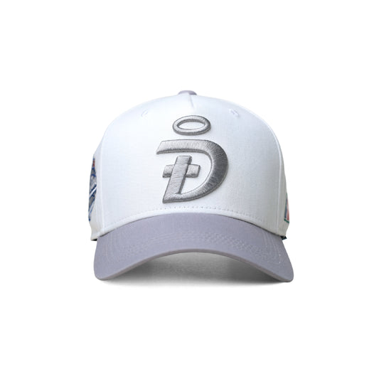 World Savior Christian baseball hat white grey – front view with DIOSGOD logo